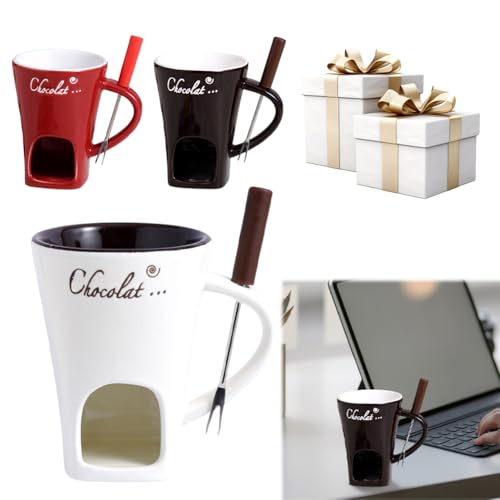 Pufei Vaso para velas, queso y chocolate, taza de fondue de cerámica fundida con tenedor (beige)