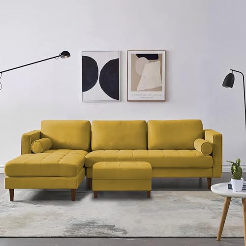 Image of Lezra LHS 4 Seater L Shape Sofa Set with Center Table for Living Room (Yellow Fabric) Premium Fabric Sofa