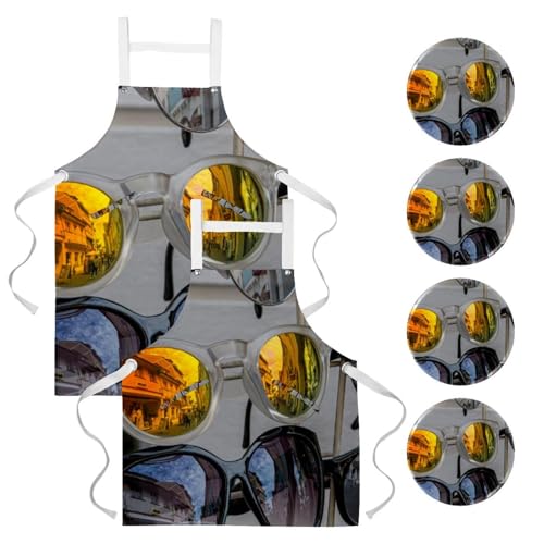 Lot de 2 tabliers de cuisine avec 4 broches à motif de lunettes de soleil multicolore