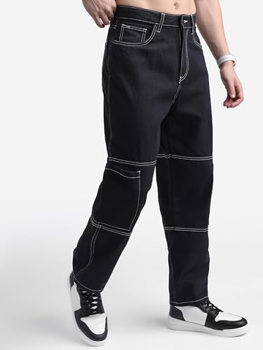 Image of Highlander Men Mens Loose Fit Denim Jeans for Man |Loose Carperter fit Black Cargo Jeans Regular Length|Black Cargo Jeans for Man |Mid-Rise|Stretchable Fabric for Comfort fit