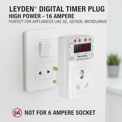 Image of LEYDEN TP-CLK 16A 220V AC Digital Real Time Clock Timer Plug Socket |Automatic ON Off Plug with 10 Programs Per Day | Heavy Duty Timer for Light, Water Pump, Motor, AC, Geyser (1)