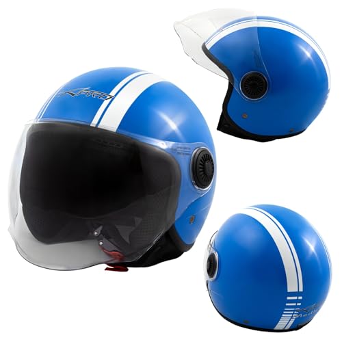Casque Moto Jet ECE 22 06 Visière Open Face Graphique Blanc Bleu Brillant XL