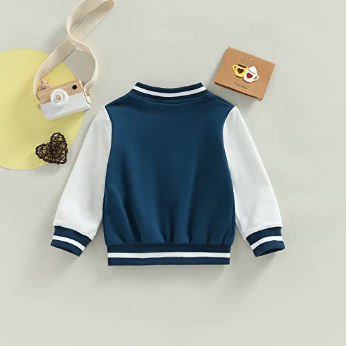 Mainesaka Baby Boy Girl Varsity Jacket Contrast Color Baseball Jacket Outwear Long Sleeve Button Downletterman Jacket Coat (Blue, 18-24 Months) #TOP1