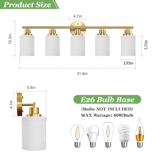 Image of 5-Light Vanity Lights, Brushed Gold Bathroom Light Fixture with Striped Textured Milky White Glass Shade, E26 Modern Vanity Lighting Fixture for Bathroom Wall Sconce Light Over Mirror