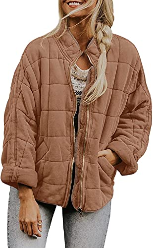 TIAFORD Women's Quilted Puffer Jacket Fall Winter Oversized Causal Long Sleeve Full Zip Lightweight Bomber Coat with Pockets