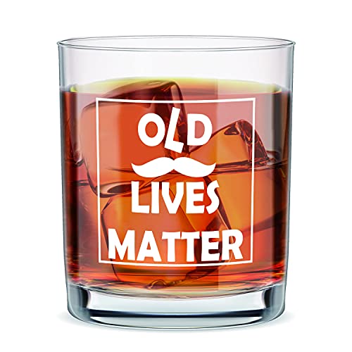 Old Lives Matter Whiskey Scotch Glass 10 oz, Funny Birthday or Retirement Gift for Senior, Old Fashioned Whiskey Glass Gag Gift for Dad, Grandpa