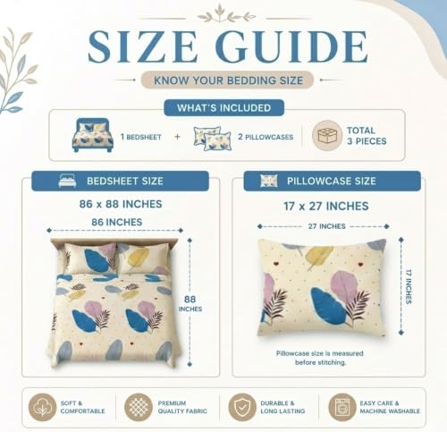 Image of HOMEKART Glace Cotton 160 TC Leaf Printed Double Bedsheet with 2 King Size Pillow Covers | Soft & Durable | 86 x 88Inches (White & Blue)