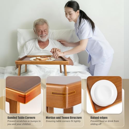 Image of Large Bed Table Tray with Support Bar and Foldable Legs, Bamboo Breakfast Food Trays Table for Bed Sofa Eating and Laptops, TV Lap Tray Table on Couch (Applied for Invention Patent)