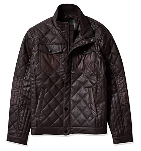 Perry Ellis Men's Stretch Faux Leather Jacket, Brown, M