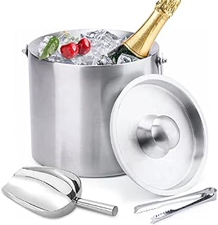 Tebery 3 L Ice Bucket, Double Wall Bar Ice Bucket Set Stainless Steel, Insulated Ice Bucket Including Lid and Tong Scoop, Ice Shovel, Keeps Ice Cold & Dry Great for Home Bar, Party, Beer, Wine