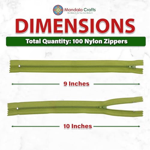 Image of Mandala Crafts 100 PCs Dill Green Closed-End 9 in Nylon Zippers for Sewing