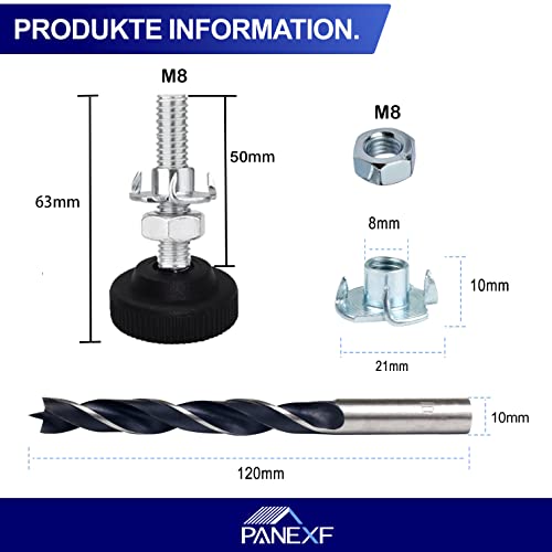 Panexf Verstellschraube 8 Stück Möbelfüße Verstellbar Metall M8 x 50 mm Stellfüße Füße für Möbel, Regulierschraube Justierschraube mit Einschlagmuttern,Kontermuttern und Metallbohrern