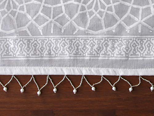 Saffron Marigold - Royal Mansour - White Moroccan Inspired Hand Printed - Sheer Cotton Voile Window Valance Curtain - Rod Pocket - (46 X 17 Inches) #TOP4