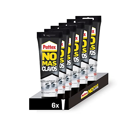 Pack de 6 unidades Pattex No Mas Clavos Invisible en Tubo Masilla para colgar sin taladrar la pared. Pega Madera, Aluminio, Piedra, Yeso, Cemento... Color Transparente