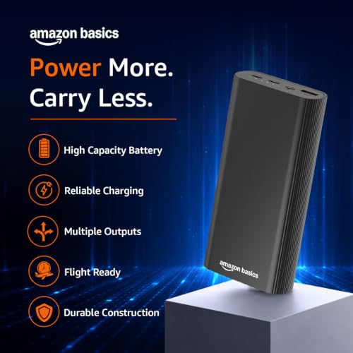 Image of Amazon Basics 20000 mAh Power Bank, 35W Fast Charging PD3.0, Output (2 Type C & 1 USB), for iPhone, Android, Tablets & Other Devices, Slim Metal Body, Flight Friendly, Type C Cable (Black)