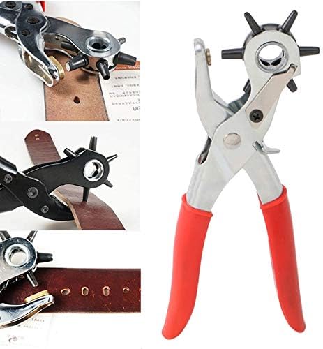 Leather Belt Hole Punch Plier Eyelet Puncher Revolve Sewing Machine Bag Setter Tool Watchband Strap Household leathercraft (Red)