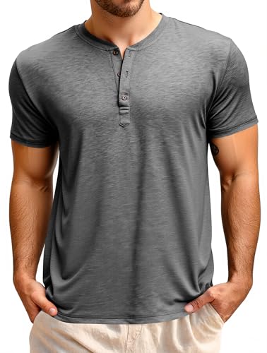 Runcati Herren T-Shirt Kurzarm Henley Shirt Sommer Regular Fit Oberteile Männer Rundhals Einfarbig Basic Hemd Casual Tee Tops mit Knopfleiste Dunkelgrau XL