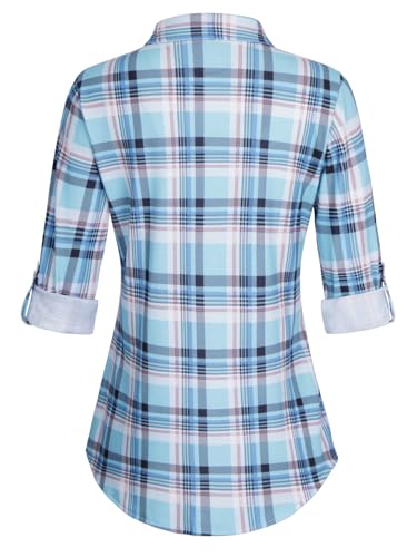 DJT Damen Weiches Gestrick Karierte Bluse Langarm Oberteile Roll Up Ärmel Hemdbluse Tunika Button Down Blusen Top Hellblaues Kariertes L