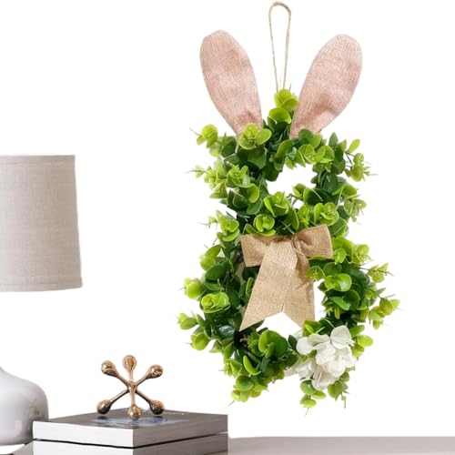 Corona di Pasqua 18 Pollici - Corona di Porta a Forma di Coniglio Artificiale con in Lino e ortensie Bianche | Ghirlanda di Primavera per Porta d'ingresso, Parete Portico, Decorazione