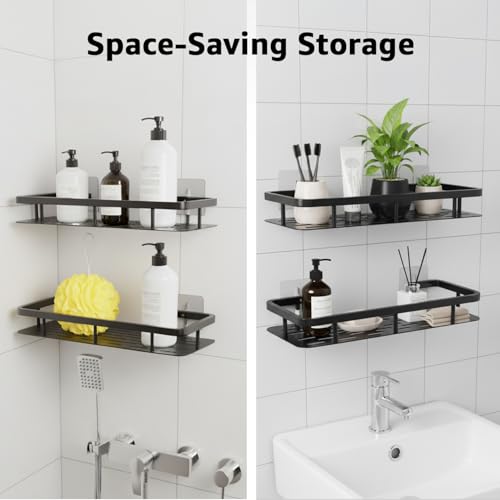 Image of Amazon Basics Wall Mounted Bath Rack - Self adhesive | Mild Steel Bathroom Organizer Shelf for Shampoo, Soap & Accessories | Rust-Resistant, Lightweight & Easy to Maintain - 30.1 x 13 x 4 cm, Pack of 2, Black