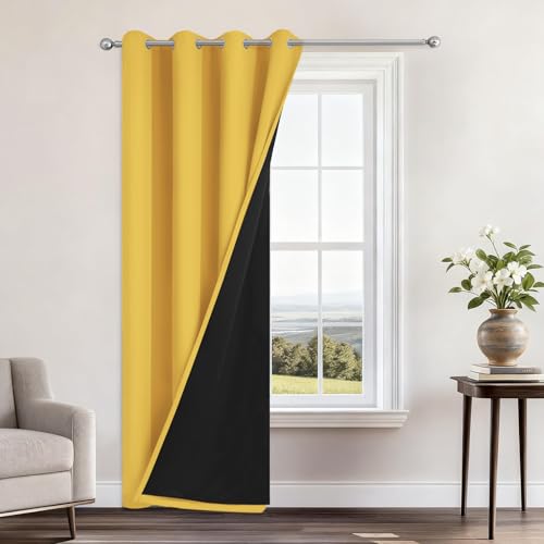 Image of Yakamok Mustard Yellow Blackout Curtains 84 Inches Long 52 inch Wide 1 Panel | Blackout Curtain Panels for Bedroom, 2 Thick Layers Grommet Top Thermal Insulated Drapes with Black Liner for Living Room