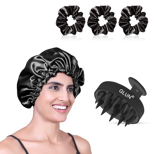 Image of GLUN Anti-Dandruff Round Scalp Massager with Elastic Closing Black Hair Bonnet Cap with 3 Satin Scrunchies Combo, Treatment Accessories for Hairs, Shampoo Brush Super Soft Bristles