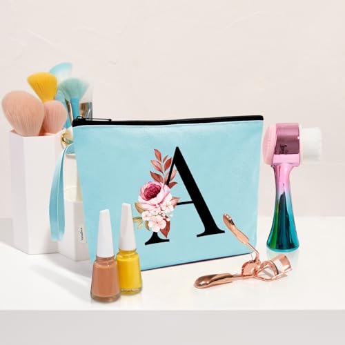 Image of Vavabox A-Z Personalized Makeup Bag, Birthday Gifts for Women Mom, Gifts for Best Friend, Bride Bridesmaid Cosmetic bag (B, Aqua)