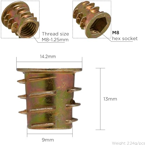 YoiYee M8 x 13mm Wood Insert Hex Socket Nuts - Threaded Flanged Hex Socket Nut Insert for Wood Furniture DIY Projects - 25 Pack - Image 2