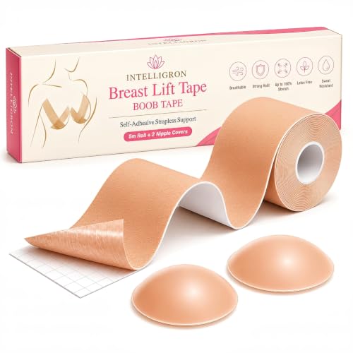 INTELLIGRON Boob Tape, Bob Tape for Large Breasts, Self-Adhesive Strapless Boobtapes with 2 Pcs Nipple Covers, 5M Stretchable Longer Roll, Perfect to Stick on Bra, Kinesiology Tape