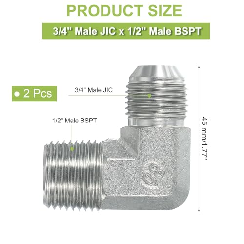 Image of PATIKIL 90 Degree Pipe Adapter, 2 Pcs 3 /4 inch Male 37 Flare JIC x 1 /2 inch BSPT Male Connector Carbon Steel Elbow Fitting for Air Hydraulic Fluid Fuel Water Oil, Silver