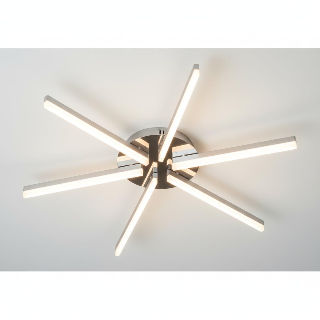 Trango 6 Flammen Sternförmig modern Design LED-Deckenleuchte 3154 Serie *STRAIGHT* 3-Stufen dimmbar I Leuchtarmen schwenkbar I Deckenstrahler 6x 5 Watt LED Modul 3000K warm-weiß Nickel matt & Chrom