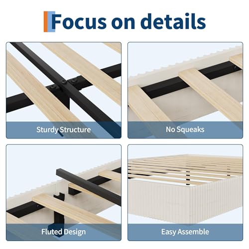 Image of GarveeHome King Size Bed Frame, Wood Platform Bed, Fluted Bed Frame, Minimalist Bed Base with Low Profile Design, Noise-Free, Easy Assembly, No Box Spring Needed, Cream White