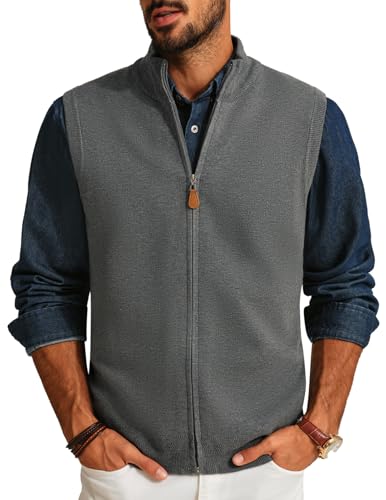Classic Sweater Vest for Men Thermal Stand Collar Full Zip Lightweight Sweater Vest for School Grey