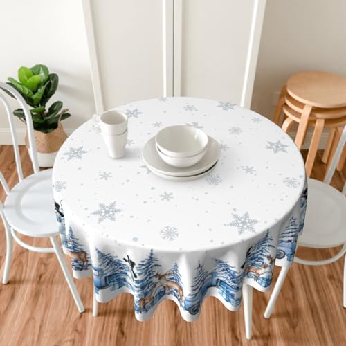 Sphragiyn Winter Tablecloth Round 60 Inch Blue Snowman Trees Holiday Xmas Table Cloth Water Resistant Fabric Table Covers for Kitchen Dining Party Home Decor by Sphragiyn - Image 3