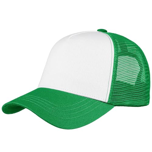 Falari 5-Panel Mesh Baseball Cap Trucker Hat Structured Plain Design Cotton Adjustable Size - Kelly Green