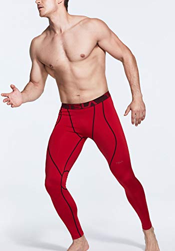 TSLA Men's Thermal Compression Pants, Athletic Sports Leggings & Running Tights, Wintergear Base Layer Bottoms, Heatlock Athletic(yup53) - Red, Small
