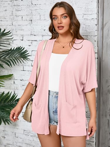 Image of AusLook Plus Size Cardigan for Women Short Sleeve Lightweight Open Front Shrug with Pockets for Dresses and Layering 1X-5X