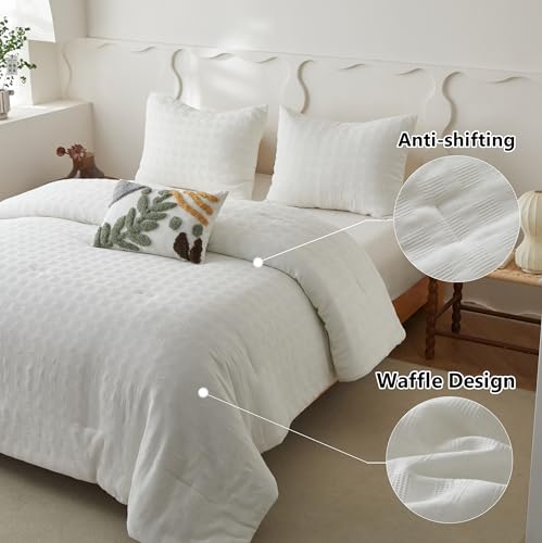 Image of Simple&Opulence 100% Cotton Waffle Weaving Comforter Set-3 Pieces Bedding Set(1 Comforter and 2 Pillowcases), Lightweight Soft Breathable Comforter Bed Sets for All Season(White, Queen)