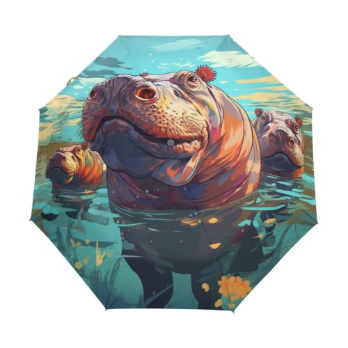 Parapluie pliable automatique à ouverture rapide motif hippopotame