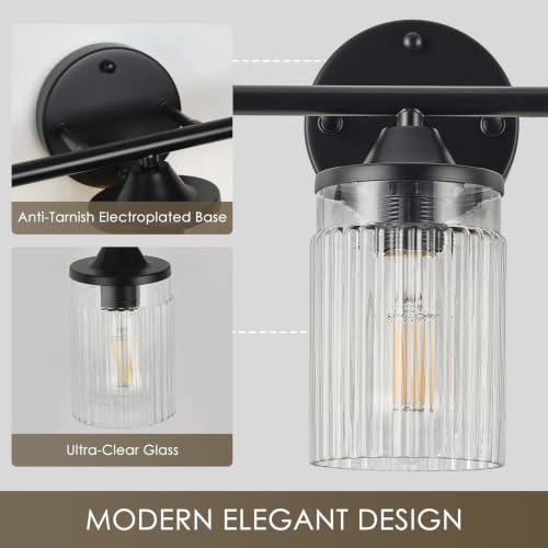 Image of Jonsi Black Bathroom Light Fixtures 3-Light Vanity Lights Modern Wall Sconce with Clear Glass Shade Bathroom Light Fixture Over Mirror for Bedroom Hallway Kitchen