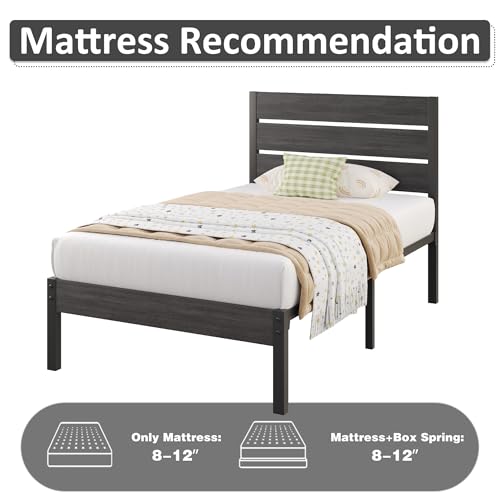 Image of Fluest Twin Bed Frame with Headboard and Footboard, Metal Twin Bed Frame with Under Bed Storage, All-Metal Support System, No Box Spring Needed, Easy Assembly,Rustic Grey