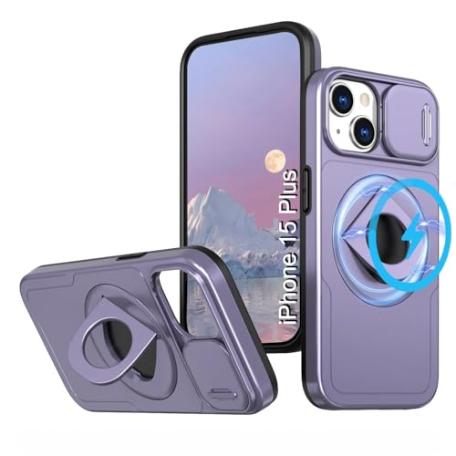 Image of LuxuryKase MagSafe Shockproof Rugged Back Case for iPhone 15 Plus | Finger Ring Kickstand & Sliding Camera Cover | Military Drop Protection | Wireless Charging Support - Purple
