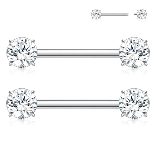 FUNLMO Nipple Piercing Jewelry Titanium Nipple Rings Nipple Barbells Internally Threaded Cube Zircon Bridge Piercing Jewelry 14G 14mm Silver