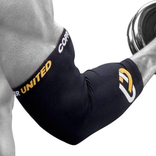 Copper United Compression Elbow Sleeve #1 Copper Infused Fit Support - GUARANTEED Recovery Brace - Best for Workouts, Golfers, Tennis Elbow, Arthritis, Tendonitis & More - Wear Anywhere - Single
