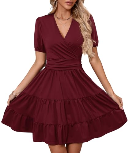 Image of Women's Casual Summer Dress V Neck Short Sleeve Flowy Stretchy Comfort Fit for Daily Wear Work Midi Dresses