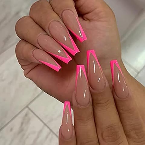 Brishow Coffin False Nails Ballerina Long Fake Nails French Press on Nails Full Cover Stick on Nails 24pcs for Women and Girls (Dark-Pink) Cover