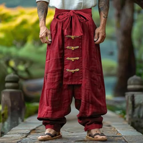 Mens Solid Color Linen Loose Pants, Fashion Vintage Tie-Up Beach Casual Pants Solid Color Wide Leg Trousers2