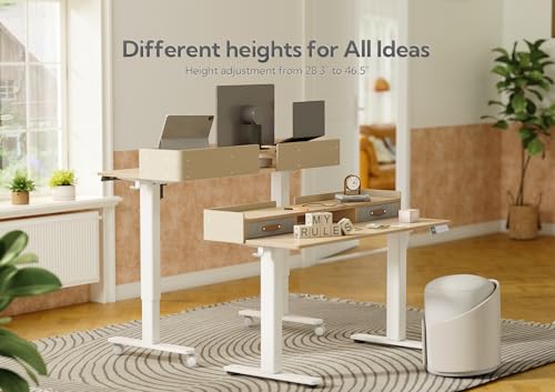 Image of Claiks Standing Desk with Drawers & Wheels, 2 Height Shelf 55 inch Natural