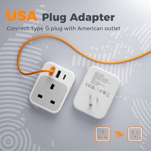 Image of TESSAN UK to US Plug Adapter, UK Adapters for Travel with AC Outlet 3 USB (1 USB C), Type G Power Adapter Ireland London Scotland Kenya Dubai Singapore to Type B USA Travel Adaptor