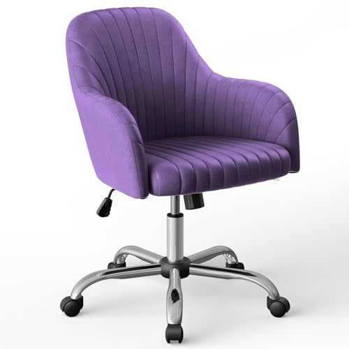 Image of Velvet Desk Chair for Home Office, Adjustable Swivel Task Chair Modern Computer Vanity Chairs with Arm Rest for Bedroom Living Room Make-up Room (Purple)